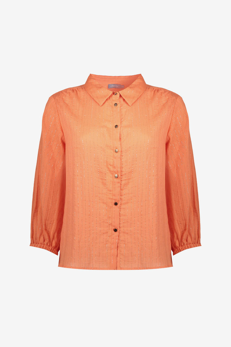 Orangefarbene Geisha-Bluse mit Lurex und auffälligen Knöpfen