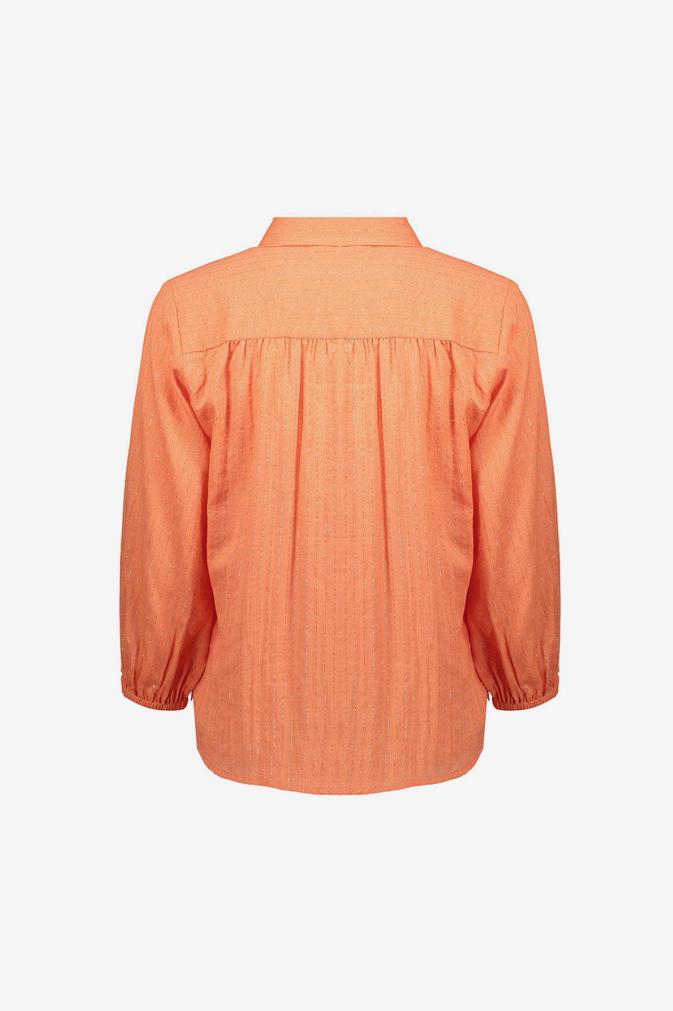Orangefarbene Geisha-Bluse mit Lurex und auffälligen Knöpfen