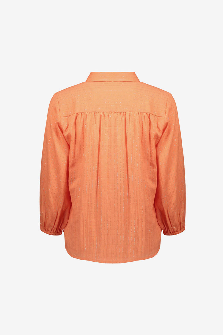 Orangefarbene Geisha-Bluse mit Lurex und auffälligen Knöpfen