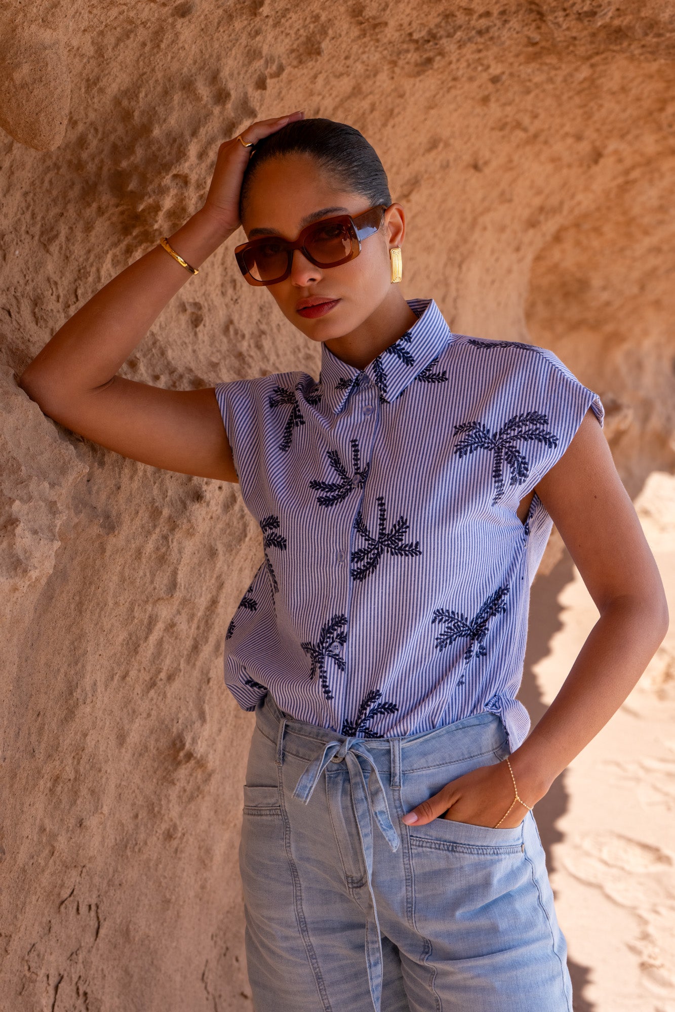 Geisha Blusen Kombiset mit gesticktem Palmenprint