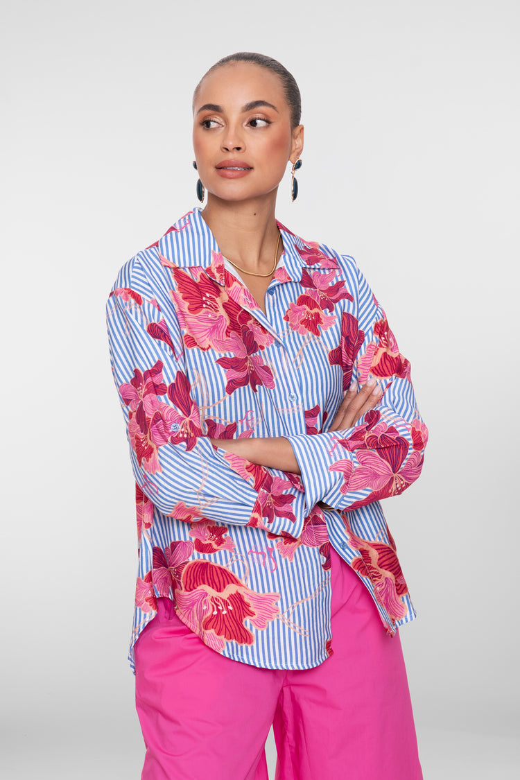 Geisha Bluse in Übergröße mit Streifen und Blumen