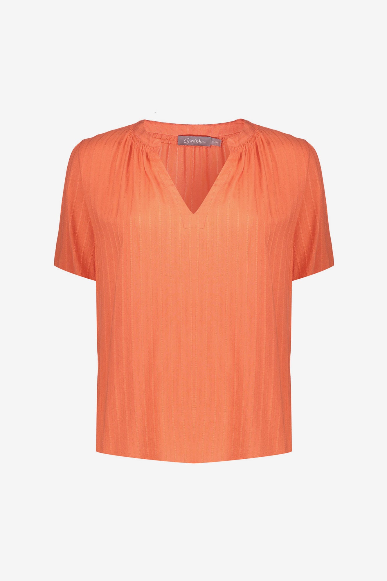 Orangefarbene kurzärmelige Damenbluse mit V-Ausschnitt von Geisha
