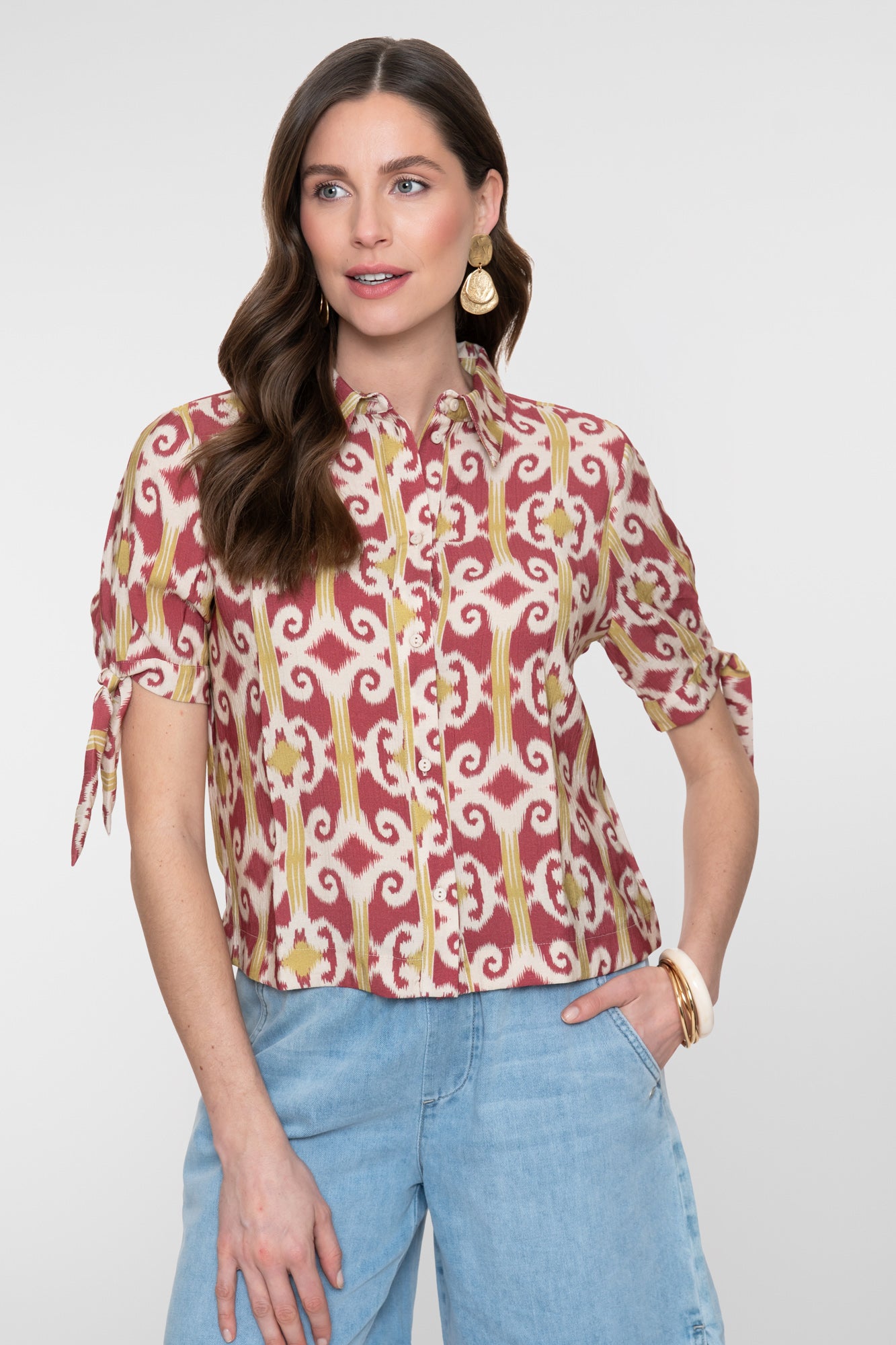 Geisha Bluse mit grafischem Print und verspielten Ärmel-Details