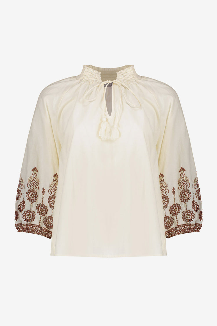 Geisha Bluse mit Stickereien und Bohemian-Ausstrahlung