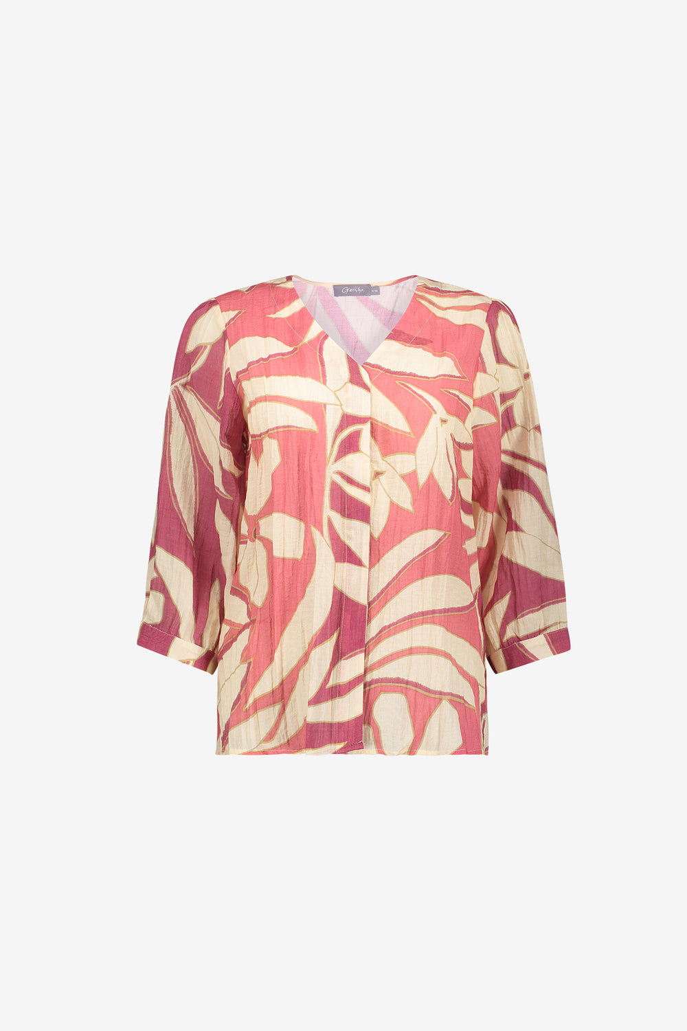 Geisha Bluse mit tropischem Blattprint und femininer Ausstrahlung