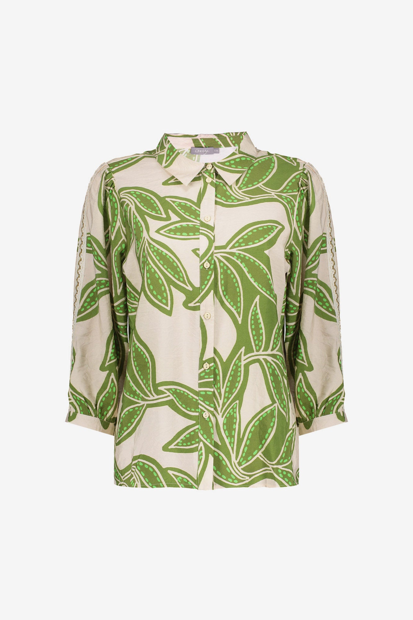 Geisha Bluse mit Blätterprint und klassischem Kragen