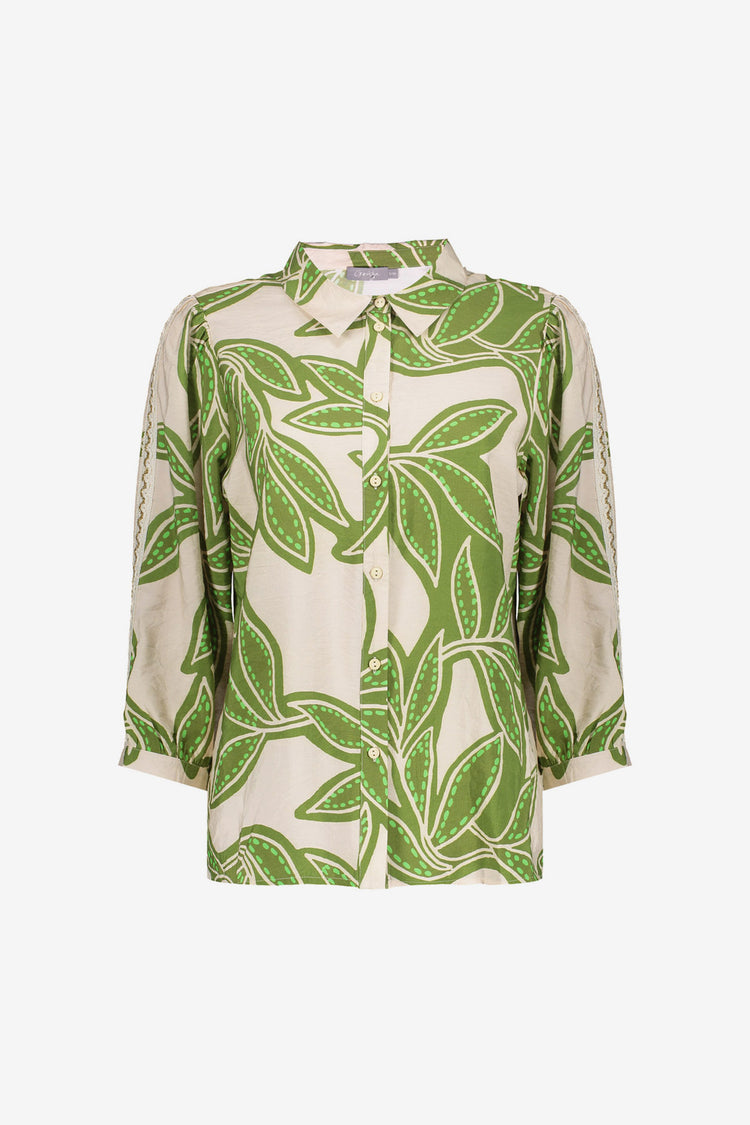 Geisha Bluse mit Blätterprint und klassischem Kragen