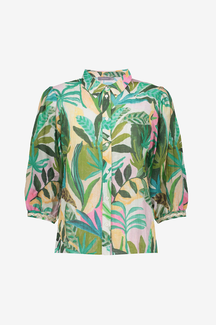 Geisha Bluse mit farbenfrohem tropischem Print