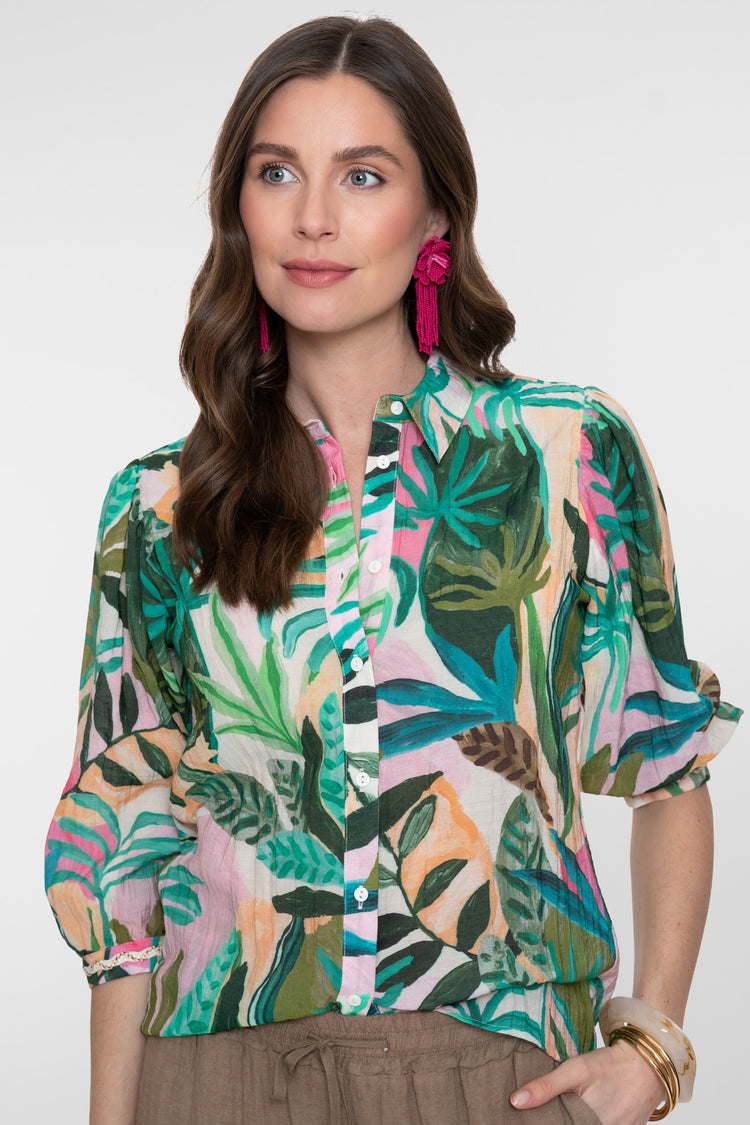 Geisha Bluse mit farbenfrohem tropischem Print
