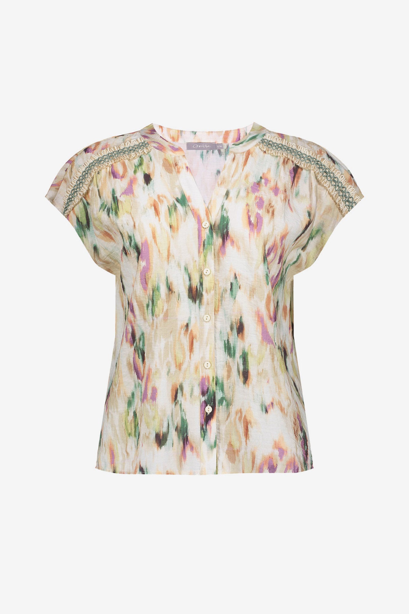 Geisha Bluse mit Aquarellprint in sanften Farbtönen