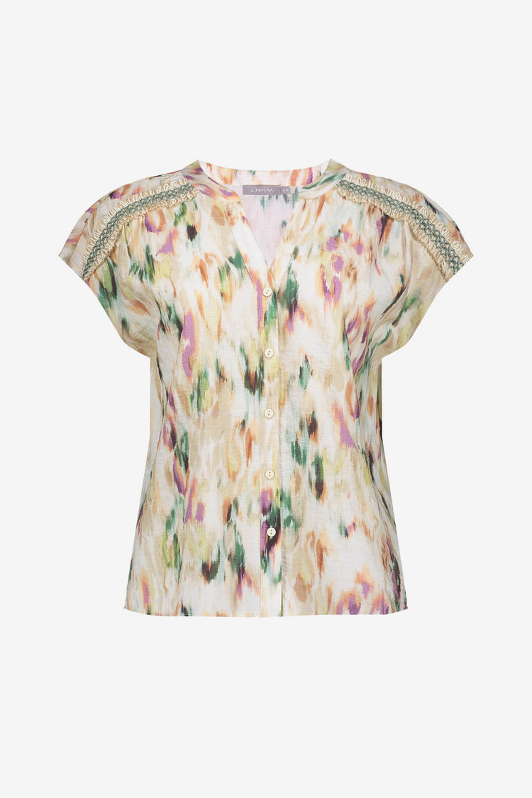 Geisha Bluse mit Aquarellprint in sanften Farbtönen