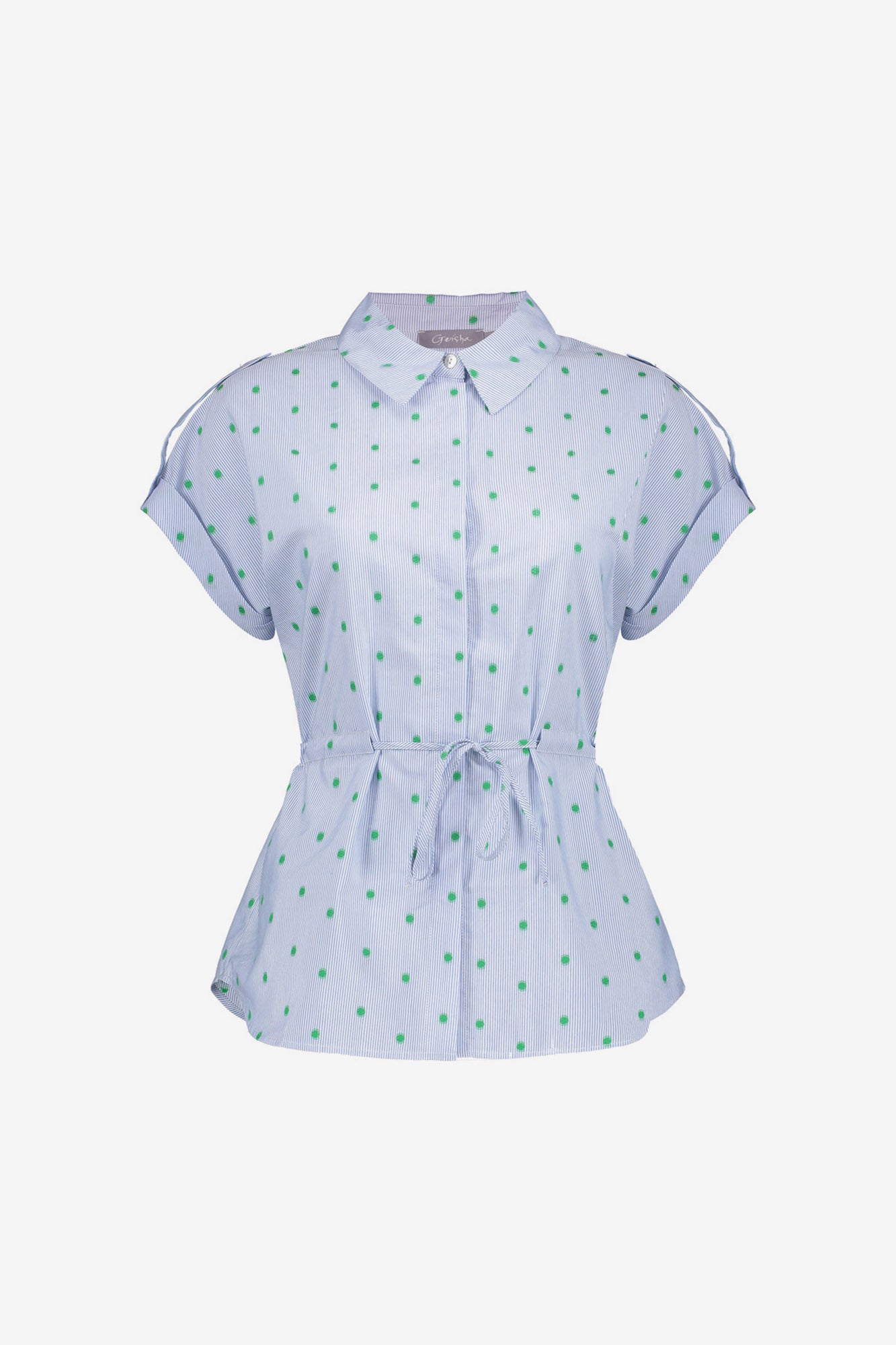 Geisha Bluse mit Streifenmuster, Punkten und Bindegürtel