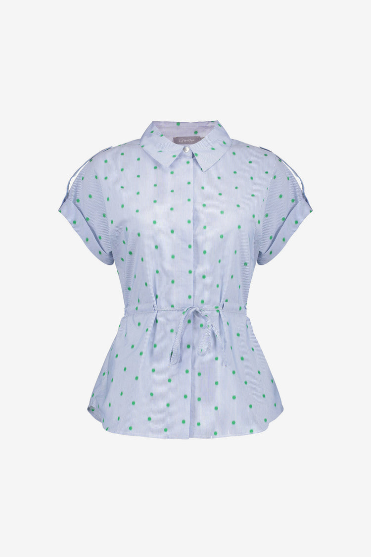 Geisha Bluse mit Streifenmuster, Punkten und Bindegürtel