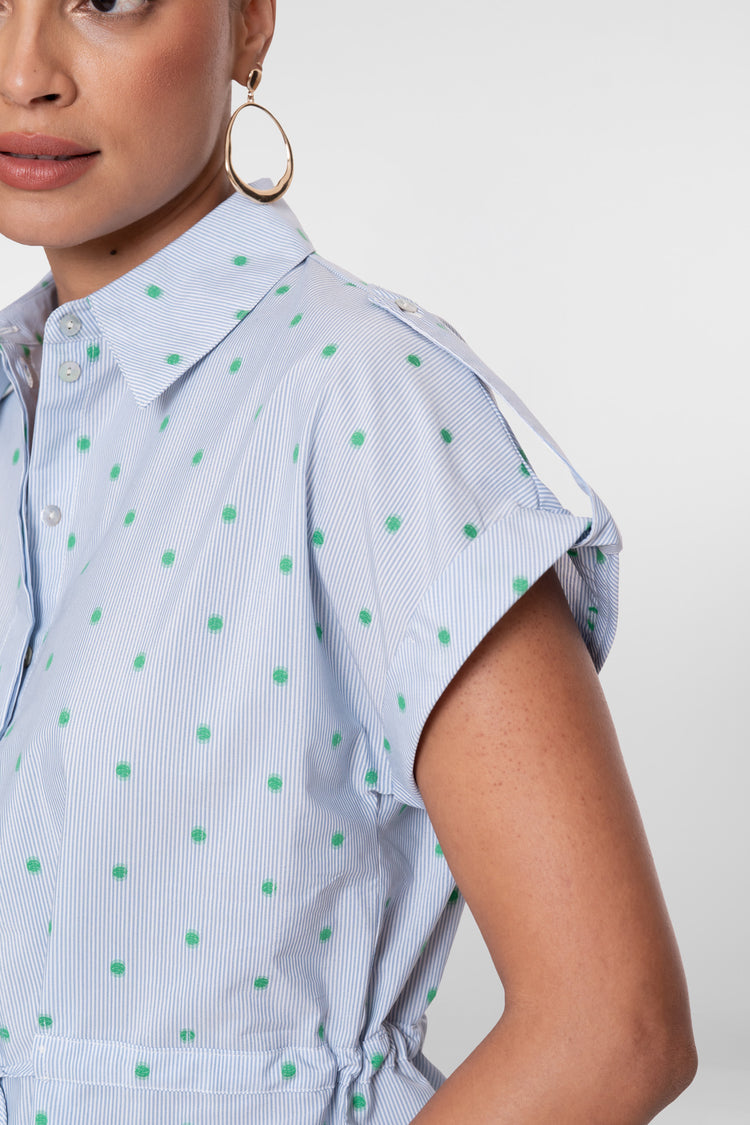 Geisha Bluse mit Streifenmuster, Punkten und Bindegürtel
