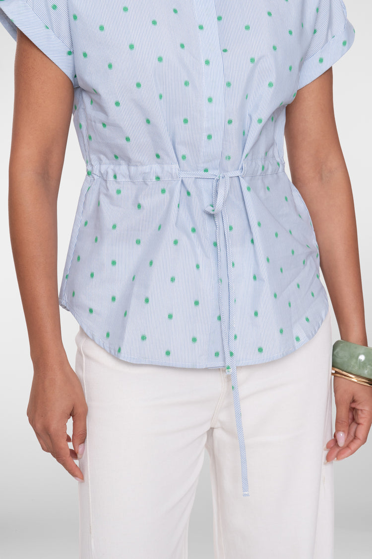 Geisha Bluse mit Streifenmuster, Punkten und Bindegürtel