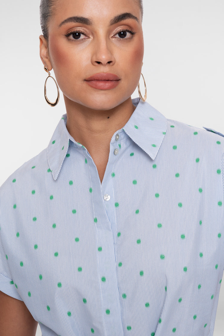 Geisha Bluse mit Streifenmuster, Punkten und Bindegürtel