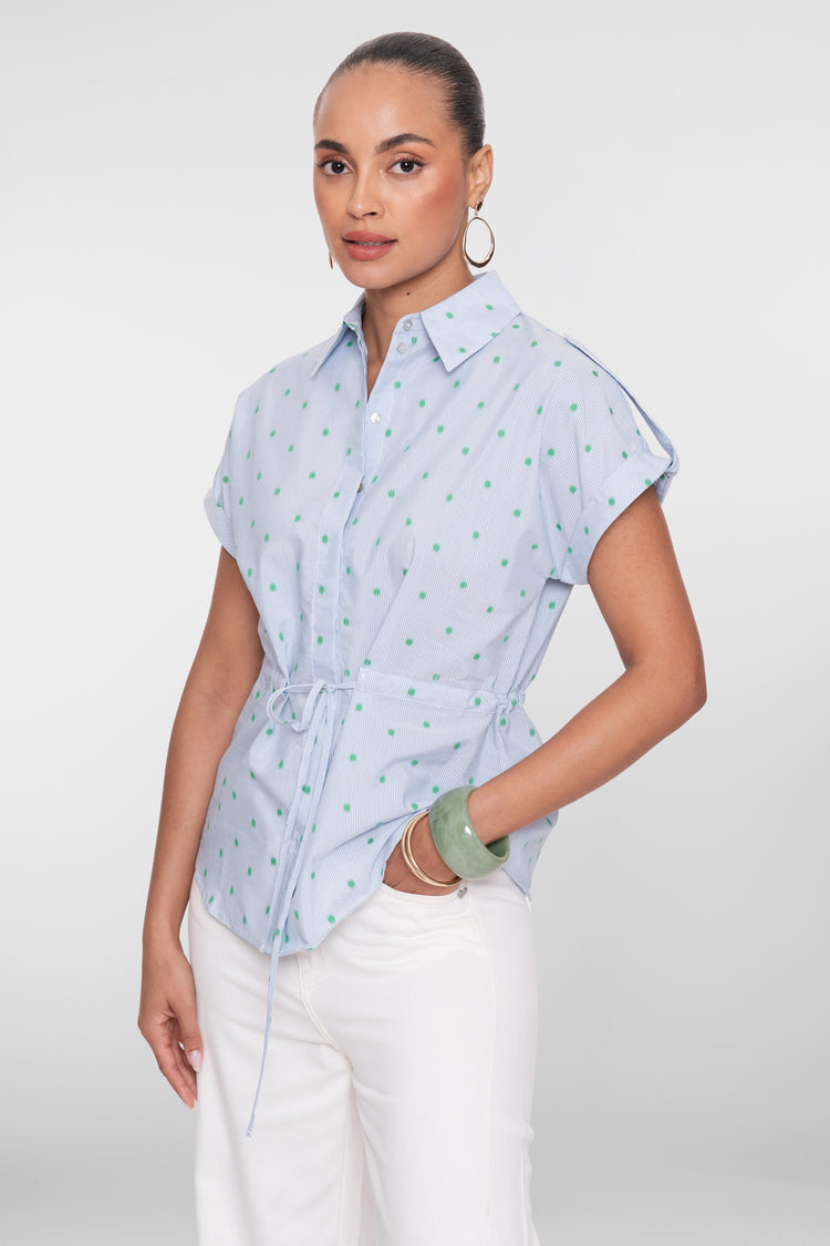 Geisha Bluse mit Streifenmuster, Punkten und Bindegürtel