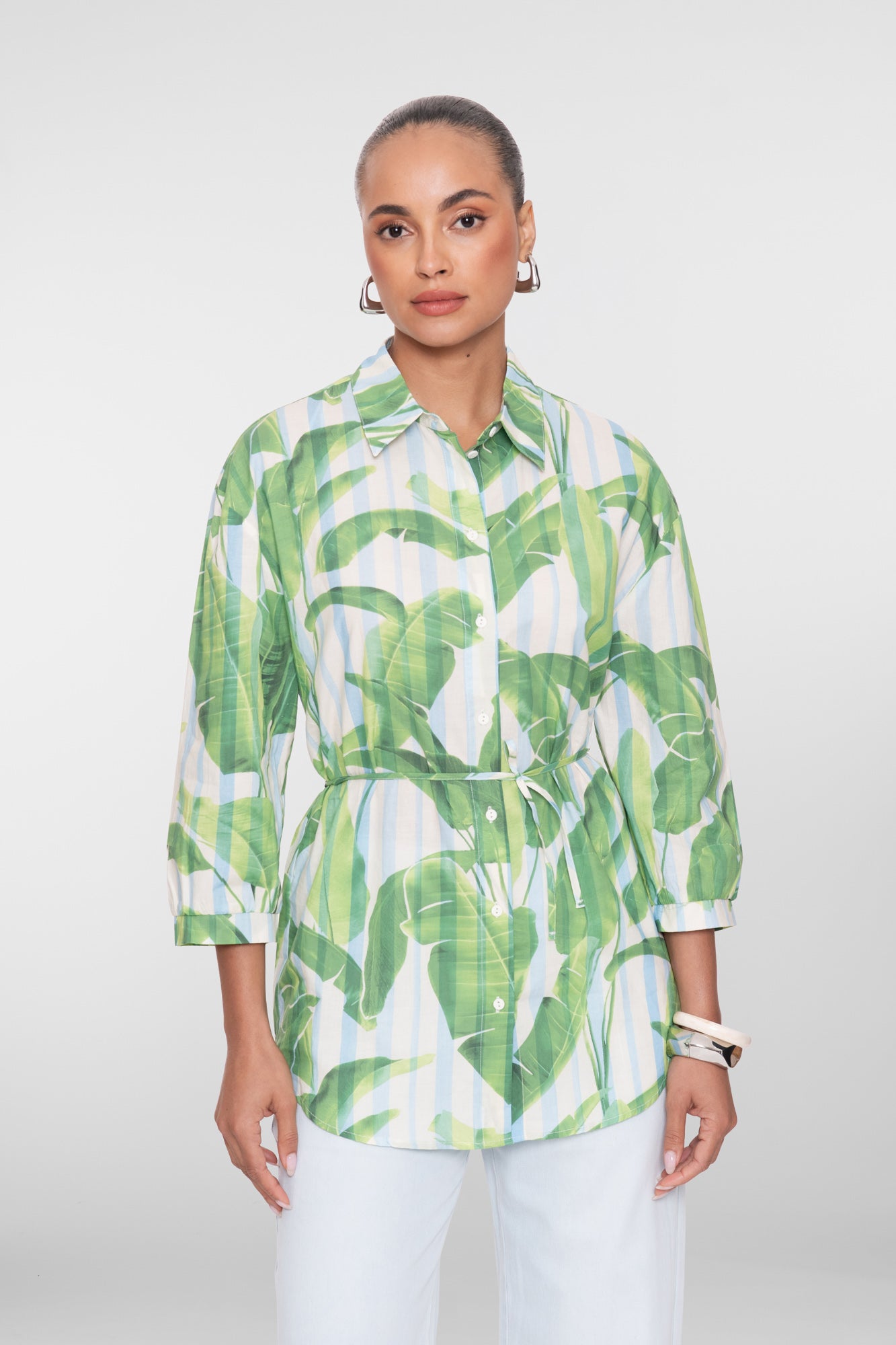 Geisha lange Bluse mit Palmenprint und Bindegürtel
