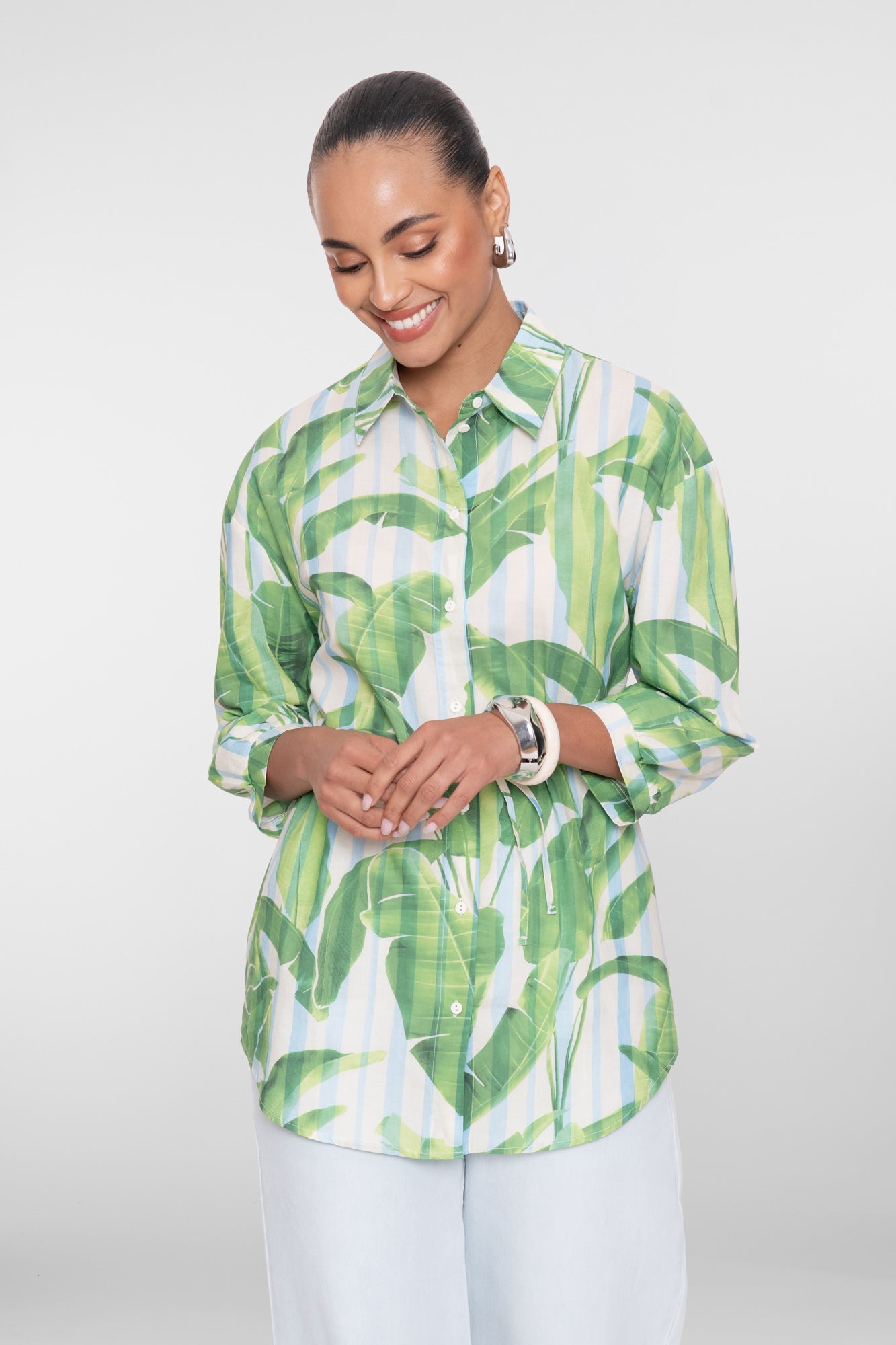 Geisha lange Bluse mit Palmenprint und Bindegürtel