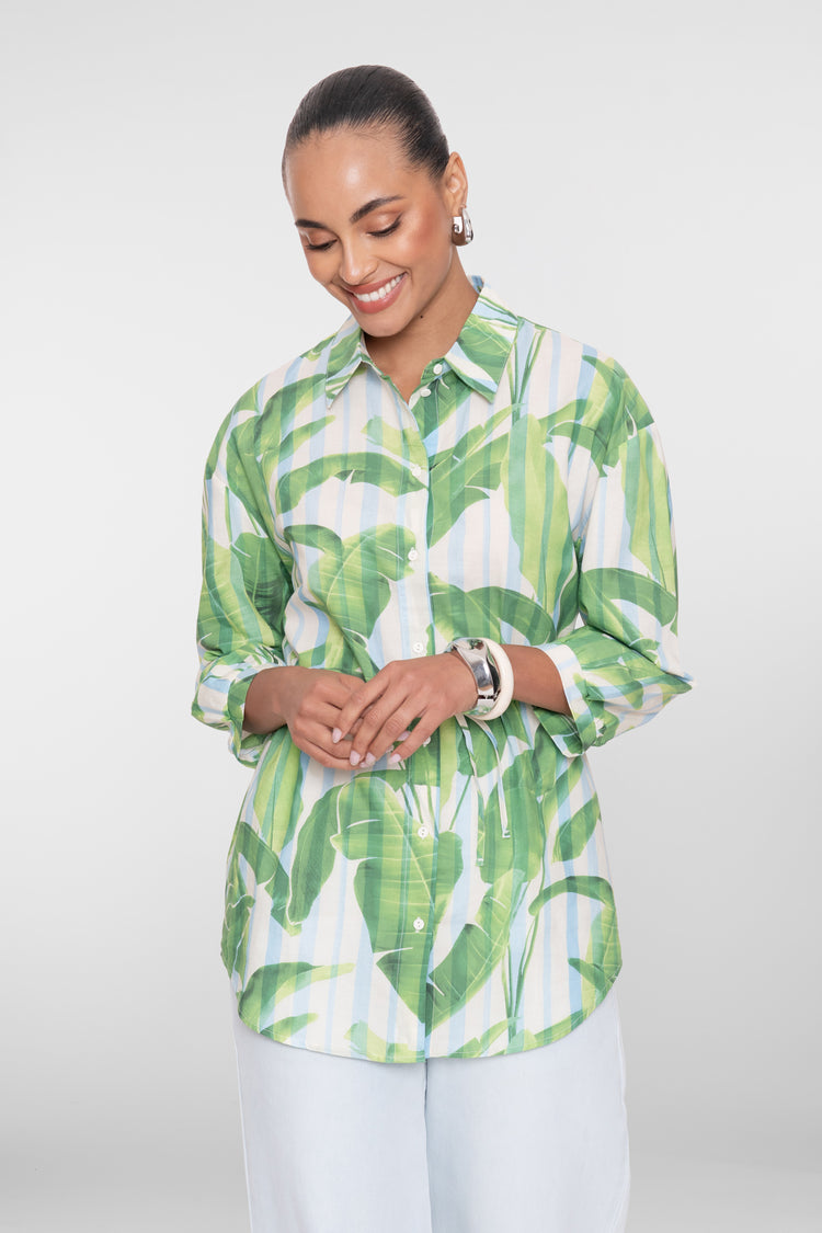 Geisha lange Bluse mit Palmenprint und Bindegürtel