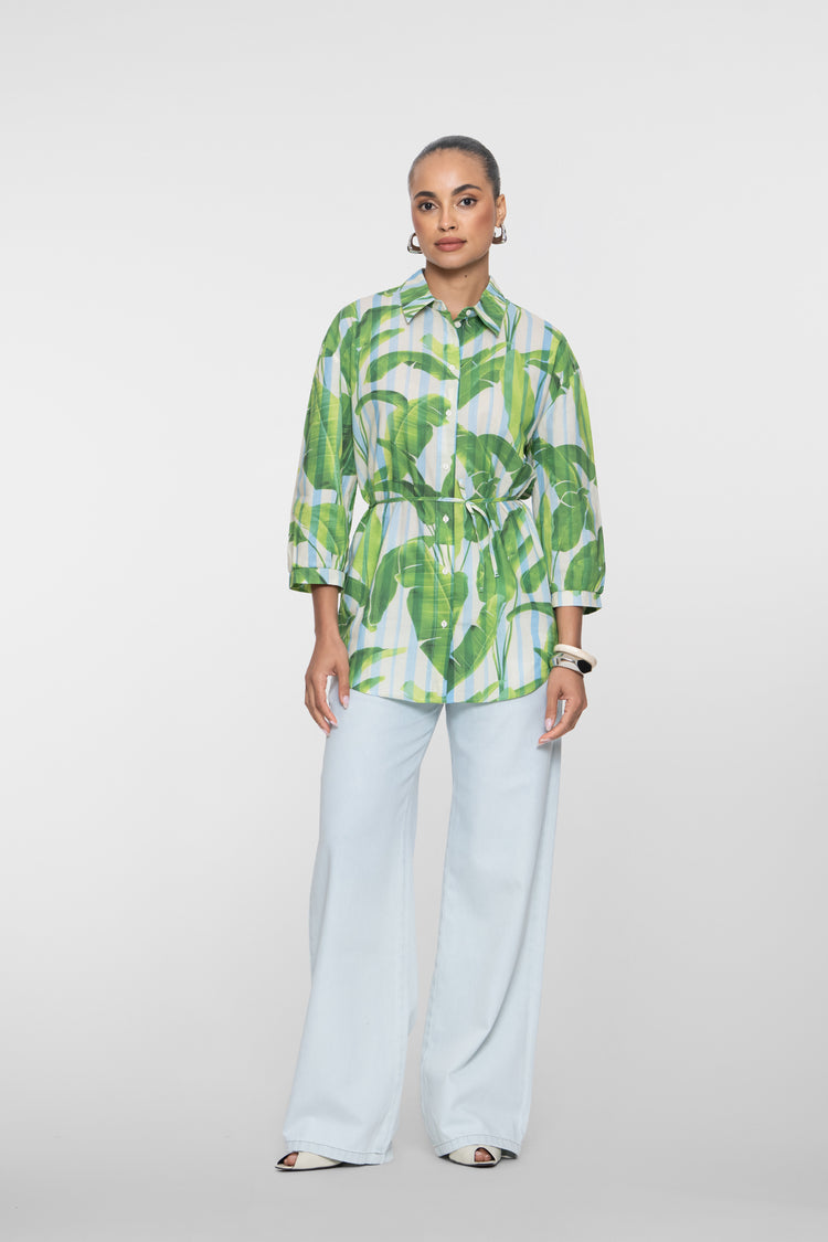 Geisha lange Bluse mit Palmenprint und Bindegürtel
