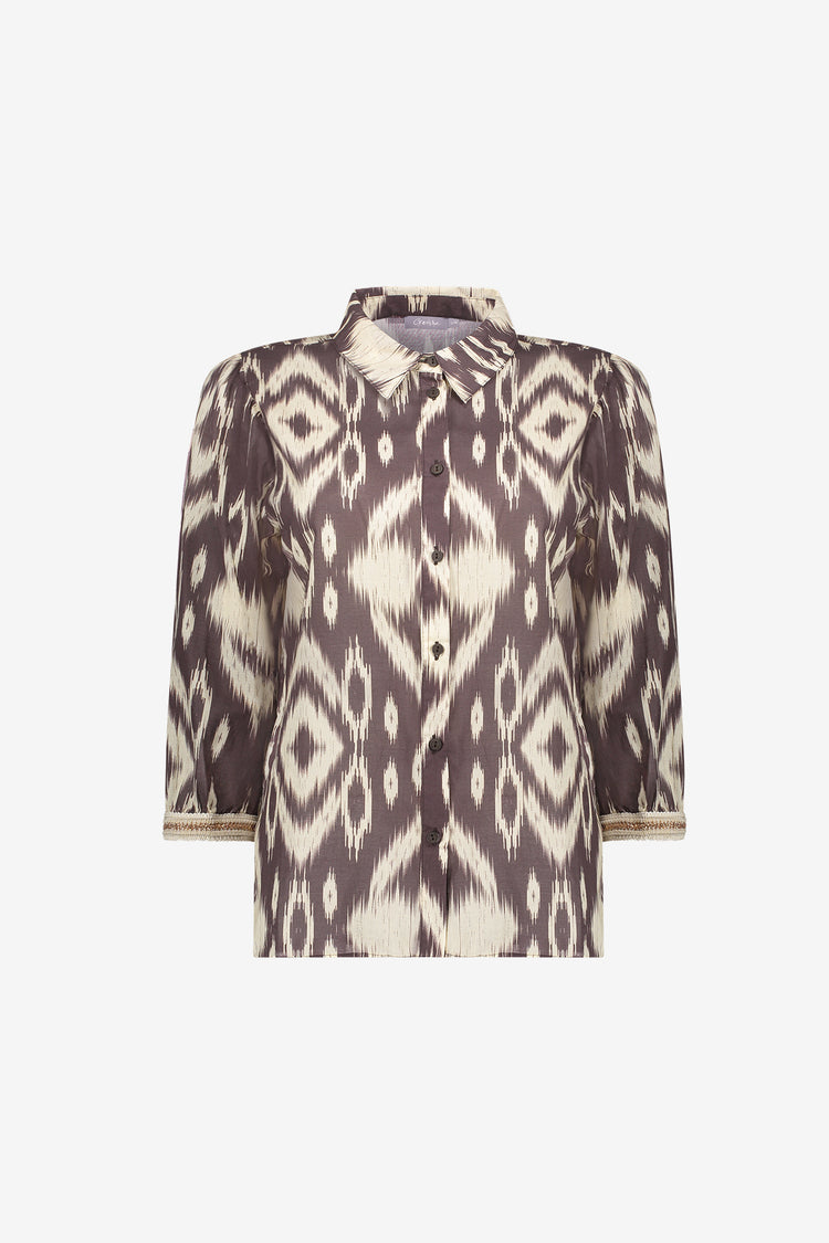Geisha Bluse mit Aztekenprint und dekorativem Tape-Detail