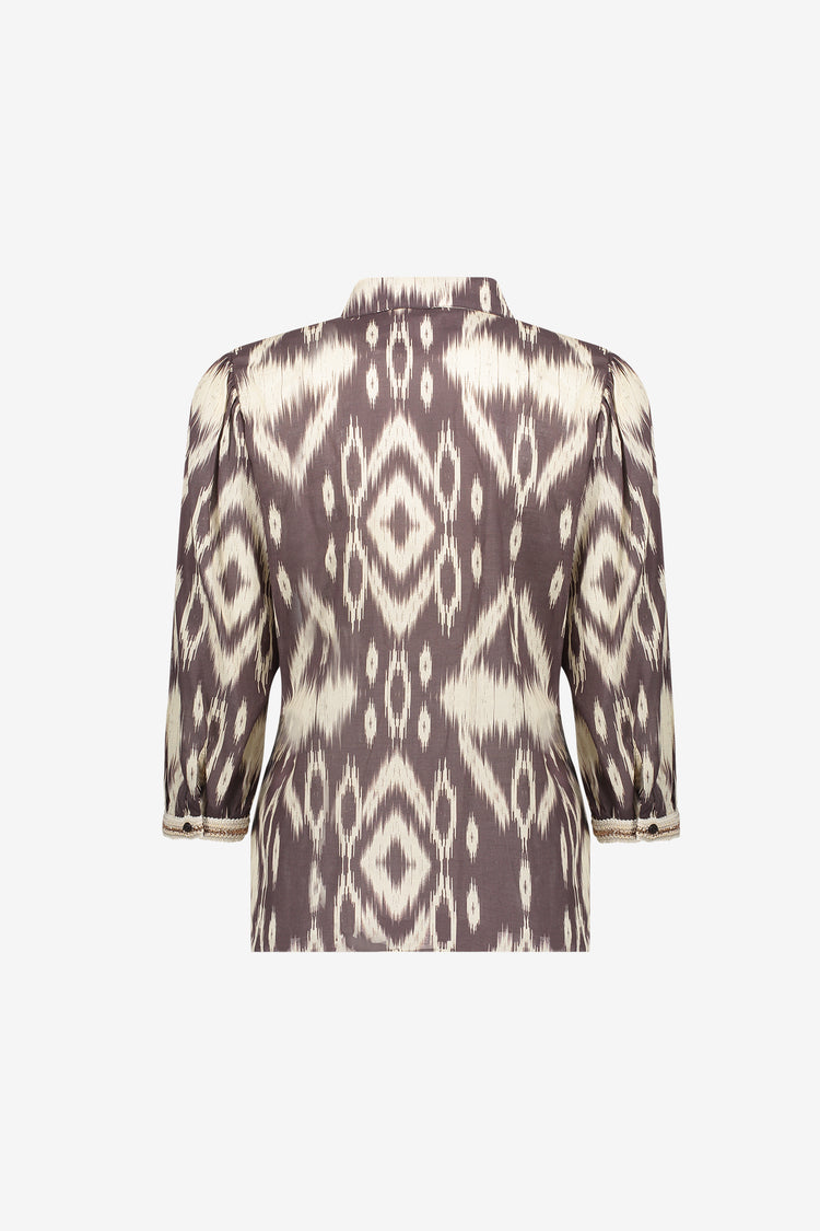 Geisha Bluse mit Aztekenprint und dekorativem Tape-Detail