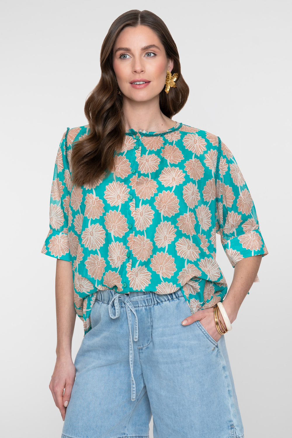 Geisha Aqua-Bluse mit elegantem Blumenprint