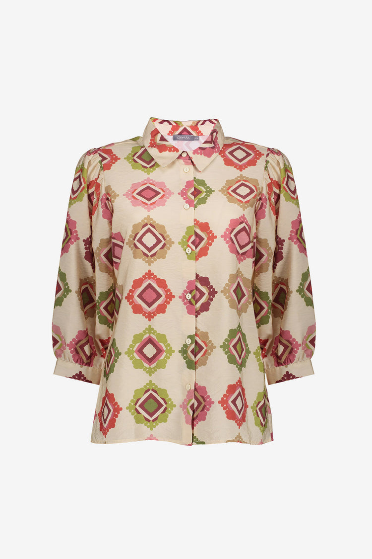 Geisha Bluse mit grafischem Print in Sand- und Rottönen