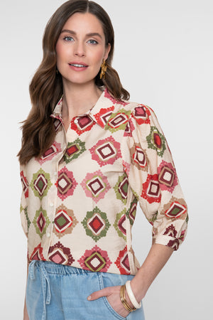 Geisha Bluse mit grafischem Print in Sand- und Rottönen