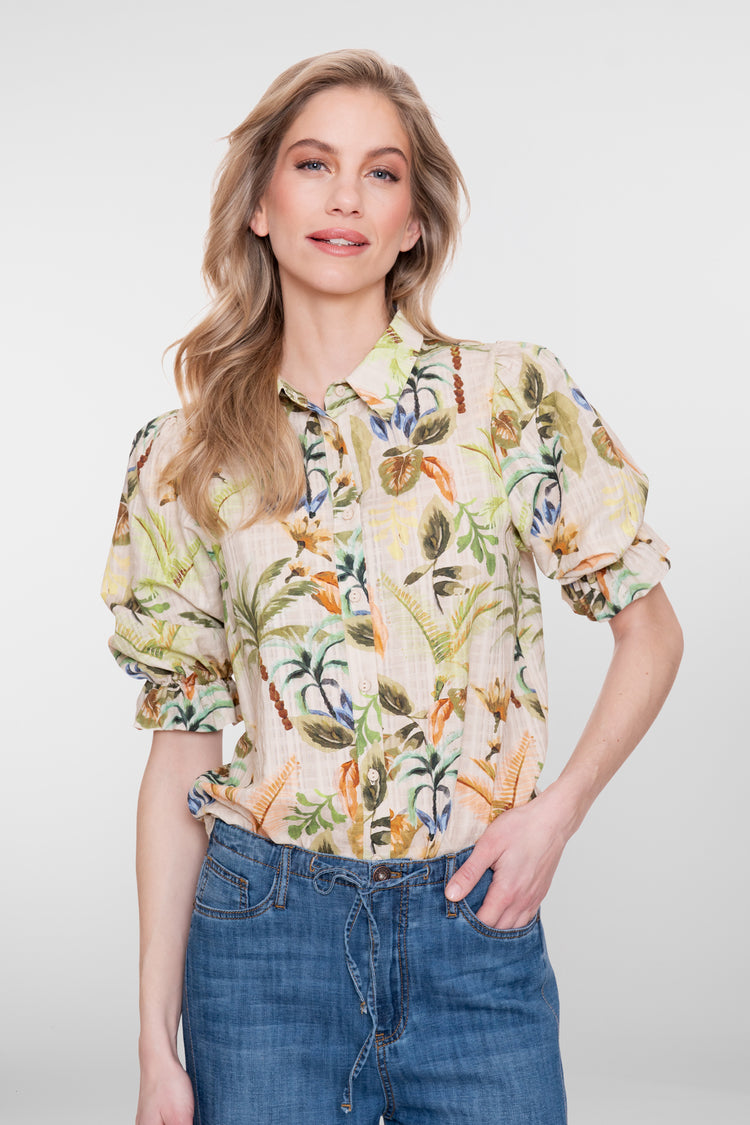 Geisha Bluse mit tropischem Print und Puffärmeln