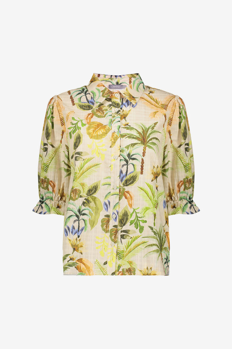 Geisha Bluse mit tropischem Print und Puffärmeln