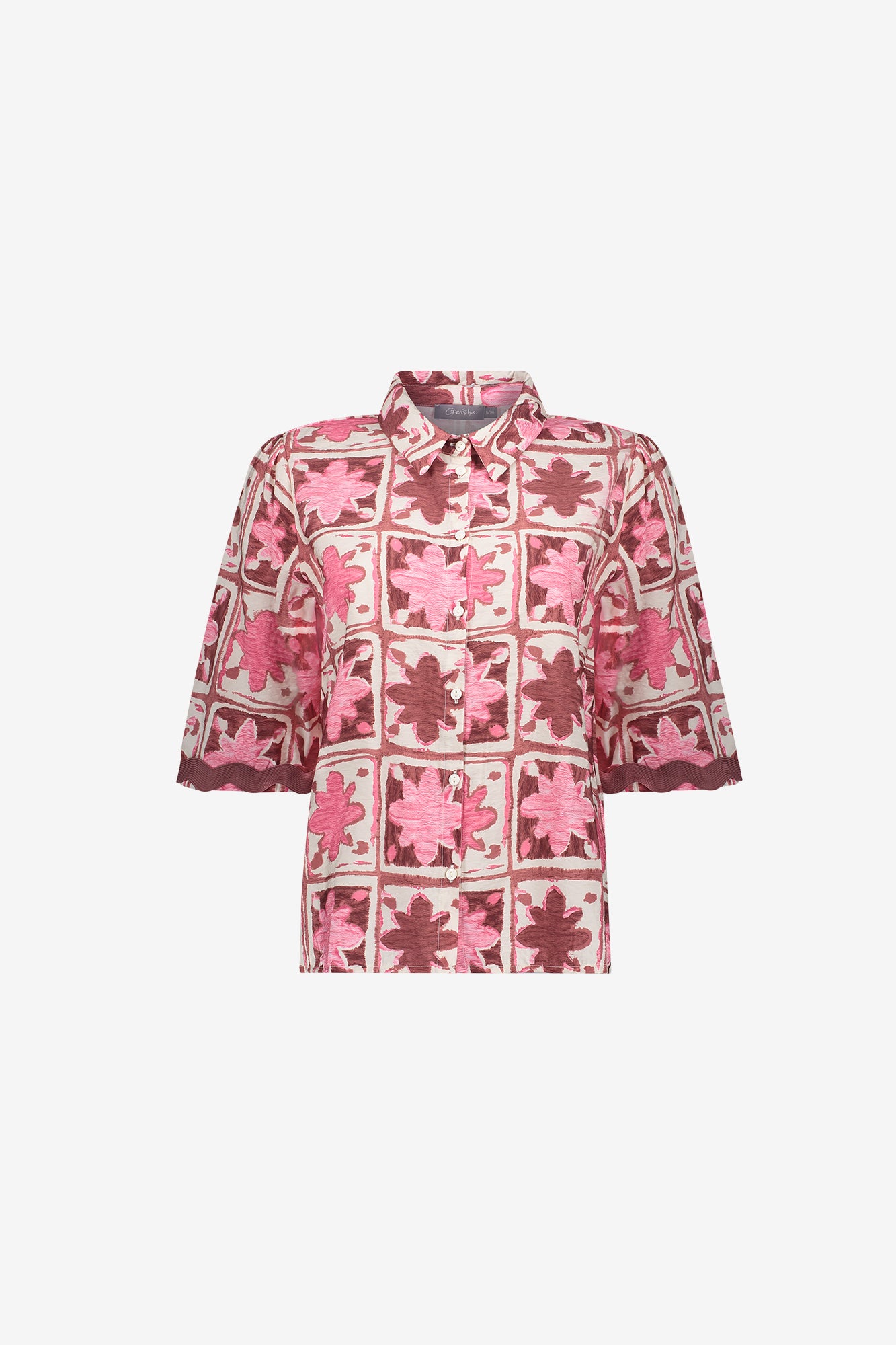 Geisha Bluse mit Tile-Print und kurzen Ärmeln mit Detail