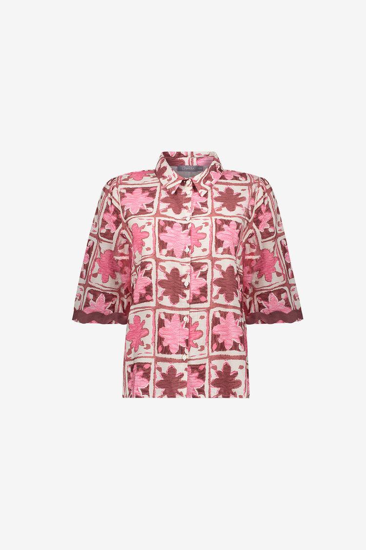 Geisha Bluse mit Tile-Print und kurzen Ärmeln mit Detail