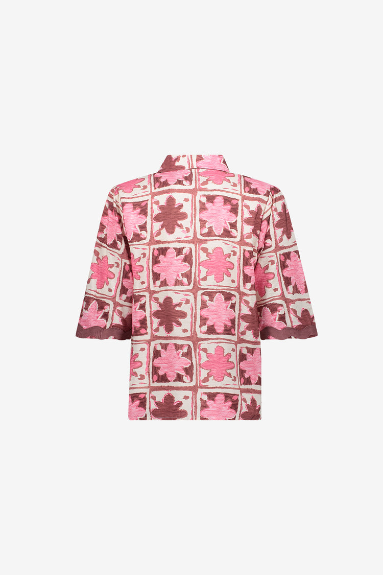 Geisha Bluse mit Tile-Print und kurzen Ärmeln mit Detail