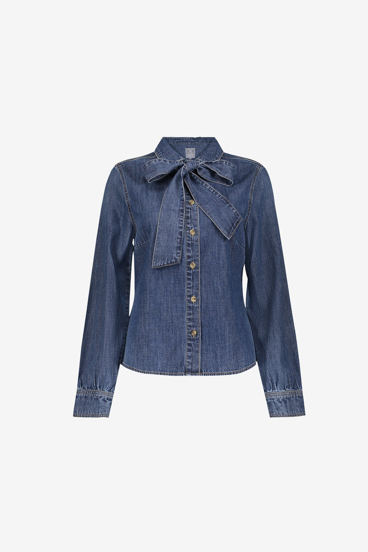 Geisha Jeansbluse mit tailliertem Schnitt und Schleifendetail