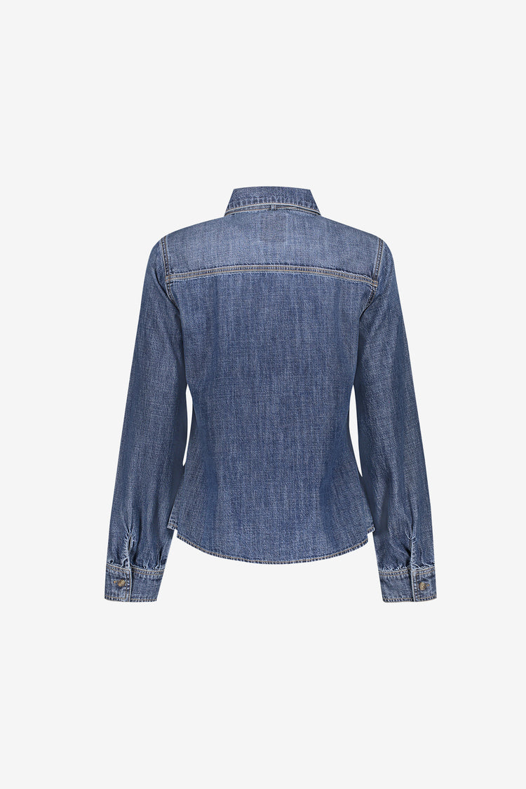 Geisha Jeansbluse mit tailliertem Schnitt und Schleifendetail