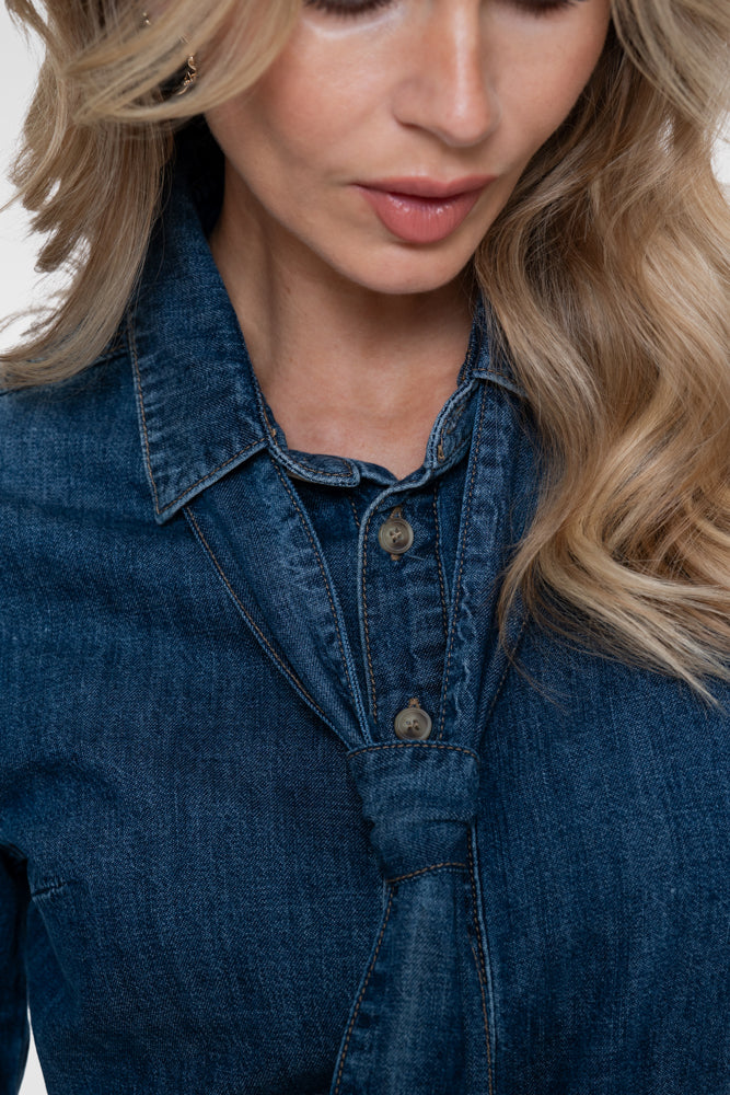 Geisha Jeansbluse mit tailliertem Schnitt und Schleifendetail