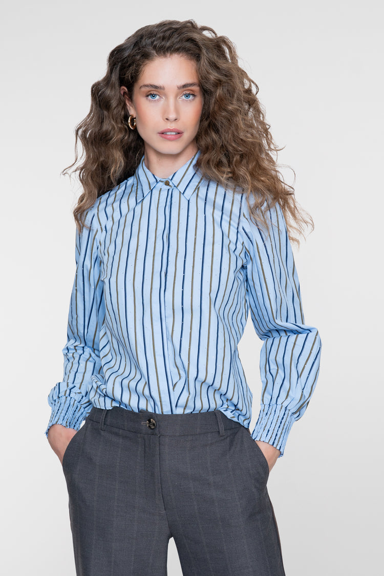 Geisha Bluse mit Nadelstreifen und Strasssteinen