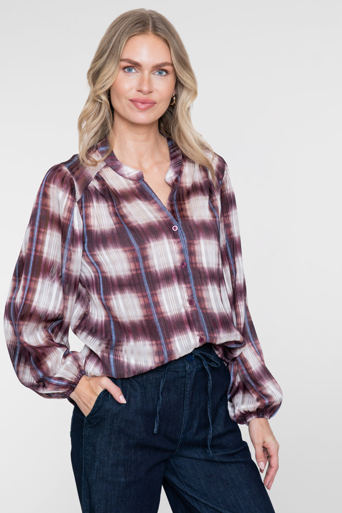 Geisha Bluse mit Aquarell-Karomuster und Lurex