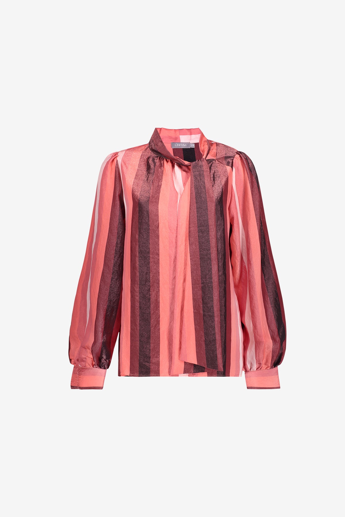Geisha Bluse mit Schleifenkragen und glänzendem Streifenmuster