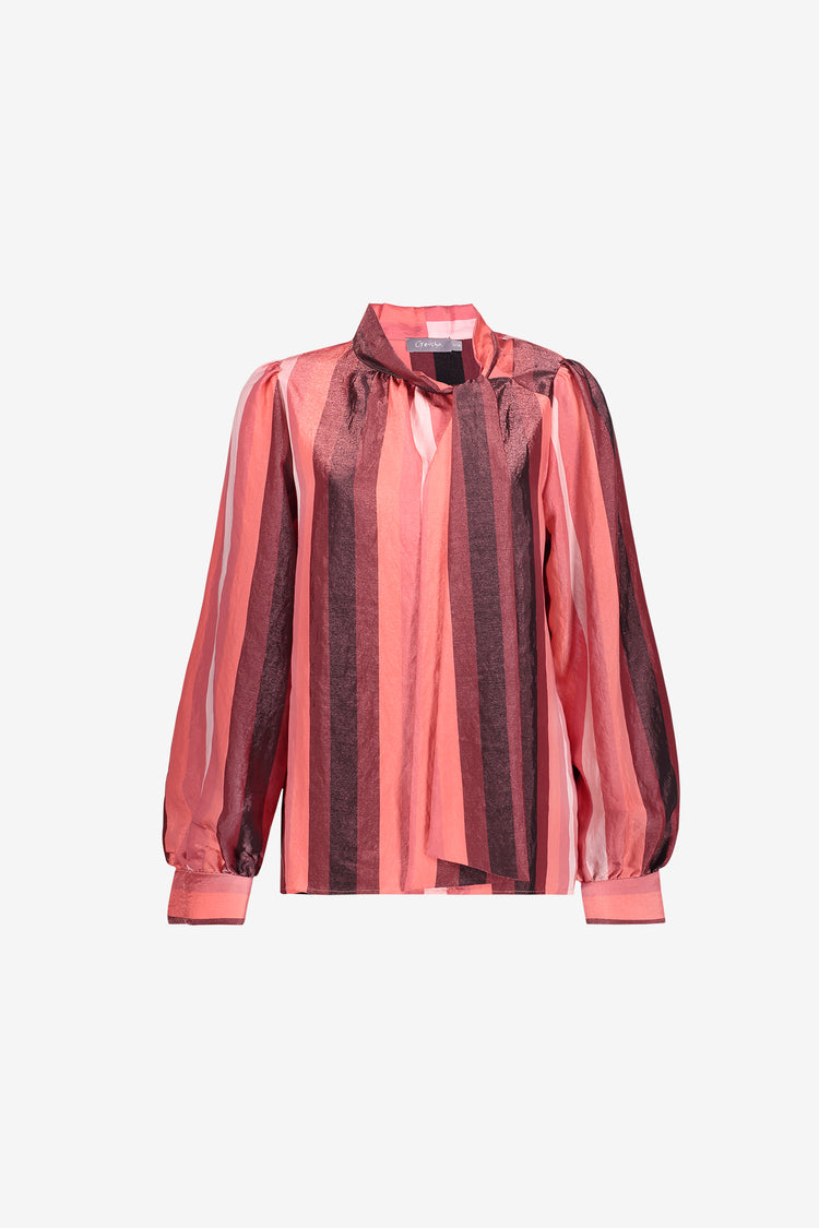 Geisha Bluse mit Schleifenkragen und glänzendem Streifenmuster