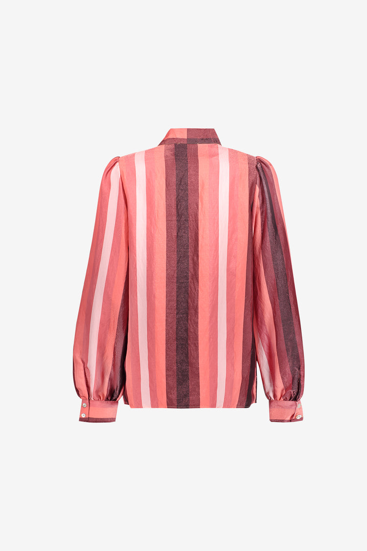 Geisha Bluse mit Schleifenkragen und glänzendem Streifenmuster