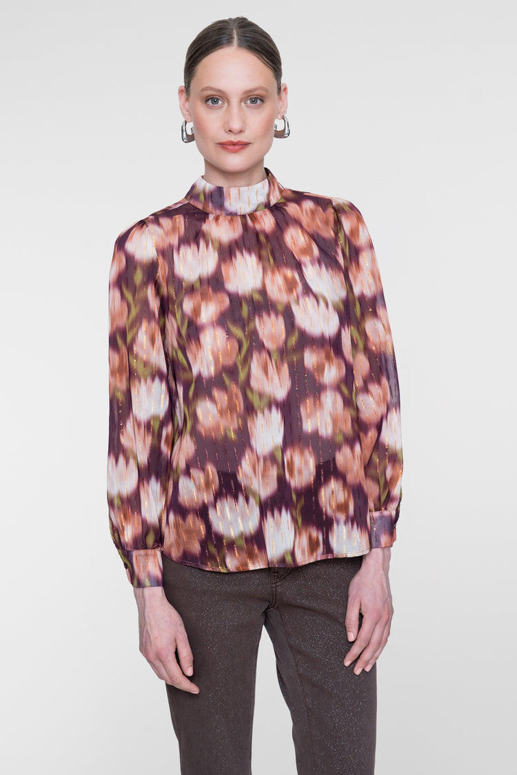 Geisha Bluse mit Stehkragen und farbenfrohem Dessinprint