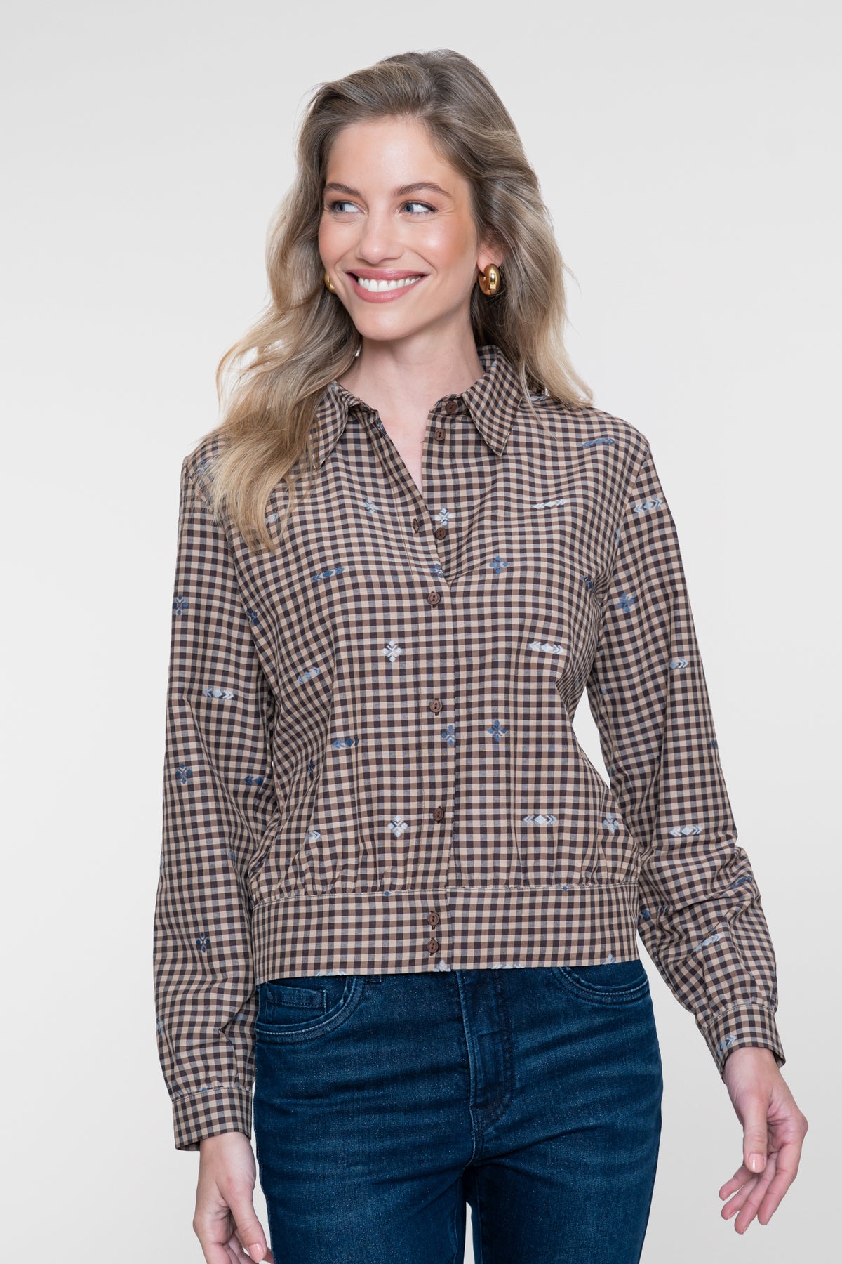 Geisha karierte Bluse mit Stickdetails