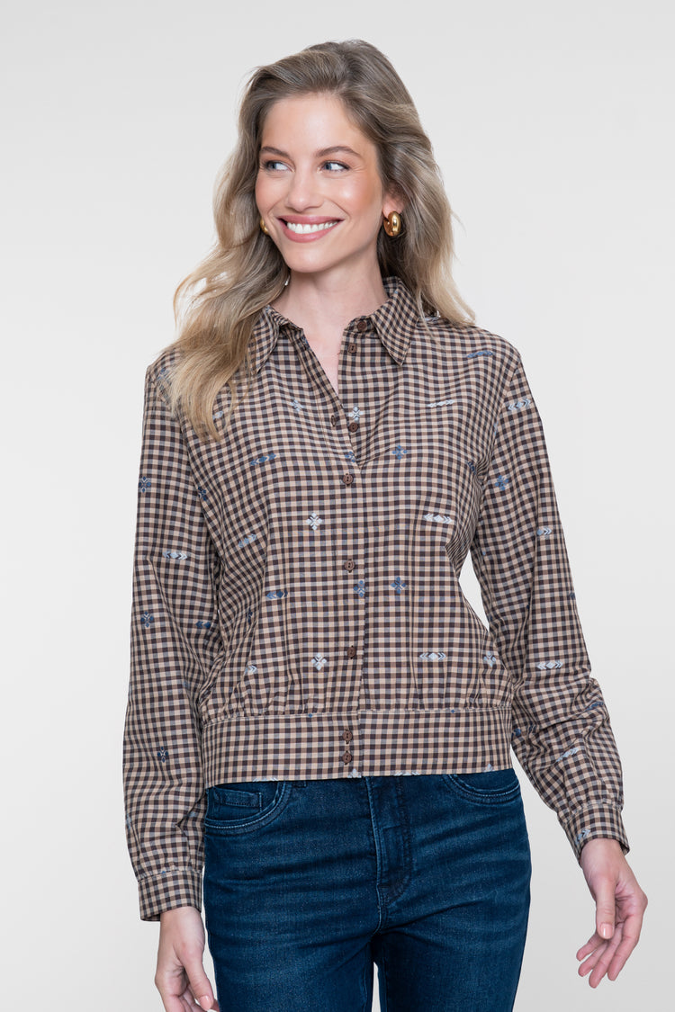 Geisha karierte Bluse mit Stickdetails