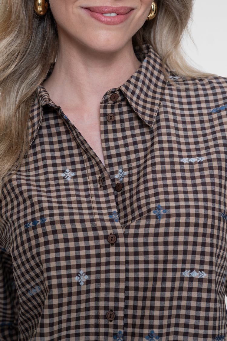 Geisha karierte Bluse mit Stickdetails