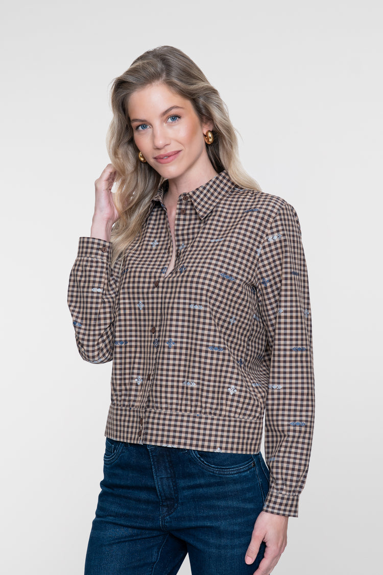 Geisha karierte Bluse mit Stickdetails