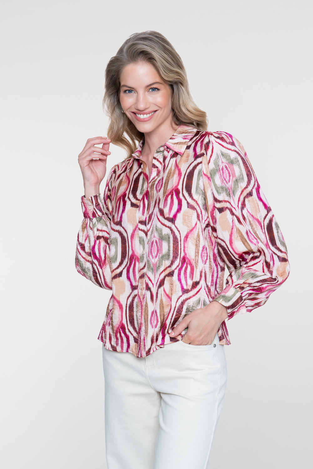 Geisha Bluse mit farbenfrohem Print und Glanz