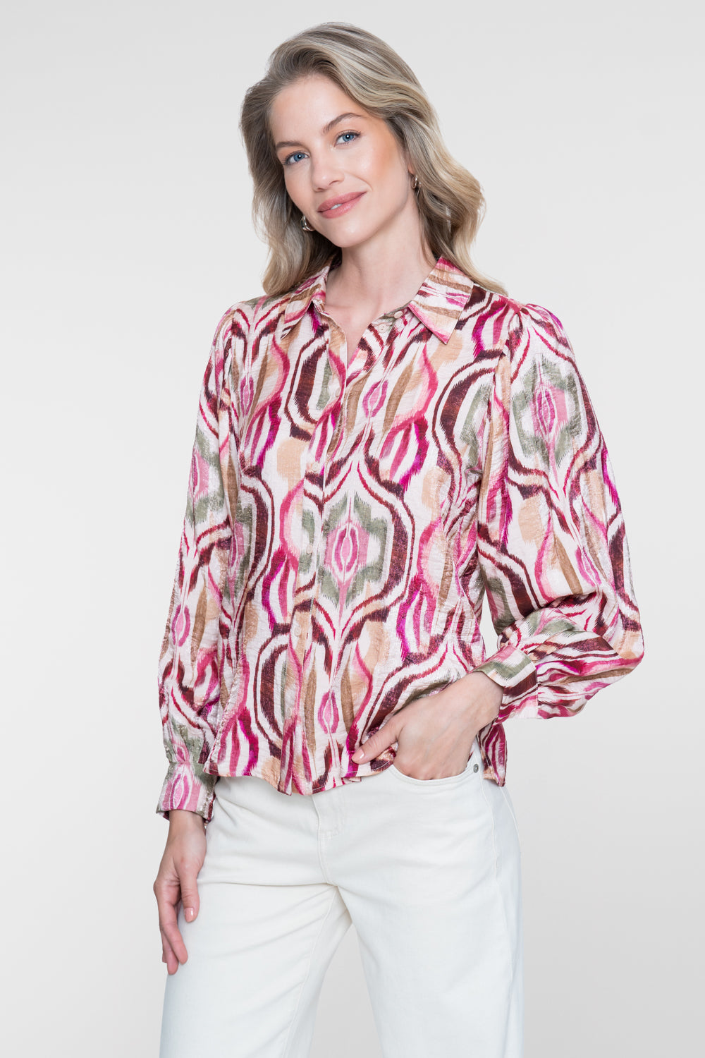 Geisha Bluse mit farbenfrohem Print und Glanz
